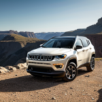 **

A Jeep Compass parked in a scenic, rugged landscape. The focus should be on its robust exterior design with the signature seven-slot grille. The lighting should emphasize the feeling of solidity and reliability. Add a touch of sophistication.

**