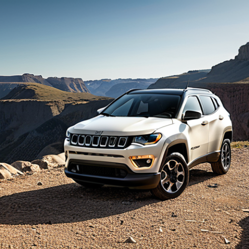 Home 4 **
A Jeep Compass parked in a scenic, rugged landscape. The focus should be on its robust exterior design with the signature seven-slot grille. The lighting should emphasize the feeling of solidity and reliability. Add a touch of sophistication.
**
