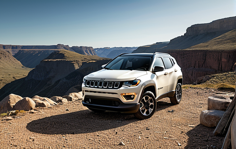 **
A Jeep Compass parked in a scenic, rugged landscape. The focus should be on its robust exterior design with the signature seven-slot grille. The lighting should emphasize the feeling of solidity and reliability. Add a touch of sophistication.
**