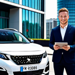 A professional, confident individual in modest business attire stands beside a sleek, white Peugeot 3008 Plug-in Hybrid vehicle in a vibrant, modern city environment. The background shows futuristic city architecture and a subtly implied 'Zona de Bajas Emisiones' (ZBE) sign, with a charging station in the distance. The person holds a tablet displaying a financial graph showing savings, embodying smart investment and urban mobility. Bright, clear daylight, professional photography, high quality, perfect anatomy, correct proportions, natural pose, well-formed hands, proper finger count, natural body proportions, fully clothed, appropriate attire, safe for work, appropriate content, professional, family-friendly.
