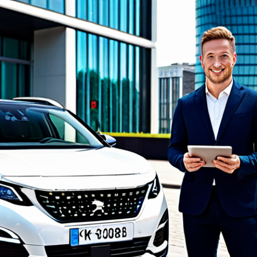 A professional, confident individual in modest business attire stands beside a sleek, white Peugeot 3008 Plug-in Hybrid vehicle in a vibrant, modern city environment. The background shows futuristic city architecture and a subtly implied 'Zona de Bajas Emisiones' (ZBE) sign, with a charging station in the distance. The person holds a tablet displaying a financial graph showing savings, embodying smart investment and urban mobility. Bright, clear daylight, professional photography, high quality, perfect anatomy, correct proportions, natural pose, well-formed hands, proper finger count, natural body proportions, fully clothed, appropriate attire, safe for work, appropriate content, professional, family-friendly.