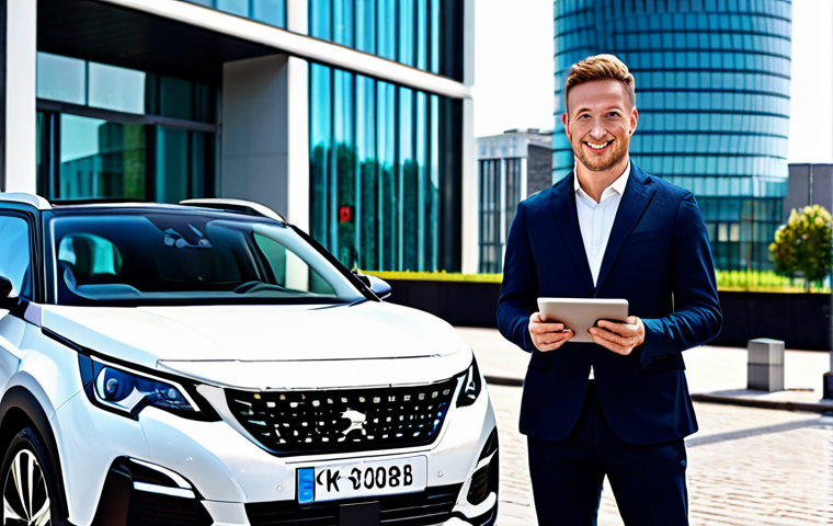 A professional, confident individual in modest business attire stands beside a sleek, white Peugeot 3008 Plug-in Hybrid vehicle in a vibrant, modern city environment. The background shows futuristic city architecture and a subtly implied 'Zona de Bajas Emisiones' (ZBE) sign, with a charging station in the distance. The person holds a tablet displaying a financial graph showing savings, embodying smart investment and urban mobility. Bright, clear daylight, professional photography, high quality, perfect anatomy, correct proportions, natural pose, well-formed hands, proper finger count, natural body proportions, fully clothed, appropriate attire, safe for work, appropriate content, professional, family-friendly.
