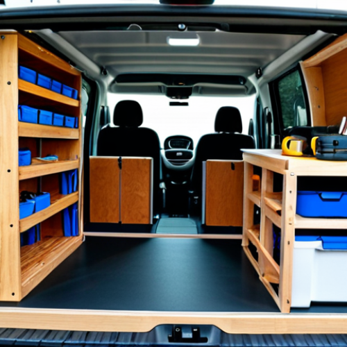 Organized Interior**

"The interior of a clean and well-organized Fiat Ducato van, showcasing custom-built wooden shelving filled with neatly arranged tools, camping gear, and personal items. Bungee cords secure boxes. Good lighting highlighting order and efficiency. Safe for work, appropriate content, fully clothed, professional, perfect anatomy, natural proportions, well-formed hands, proper finger count, high quality."

**