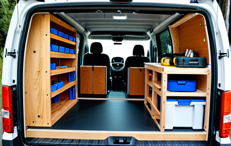 Organized Interior**
"The interior of a clean and well-organized Fiat Ducato van, showcasing custom-built wooden shelving filled with neatly arranged tools, camping gear, and personal items. Bungee cords secure boxes. Good lighting highlighting order and efficiency. Safe for work, appropriate content, fully clothed, professional, perfect anatomy, natural proportions, well-formed hands, proper finger count, high quality."
**