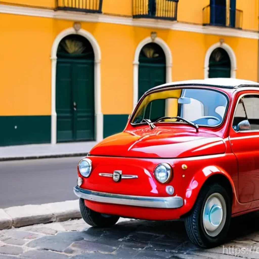 피아트 500e 전기차 리뷰 - **"Urban Chic & Classic Charm"**: A vibrant, sunny afternoon scene in a picturesque Spanish city, li...