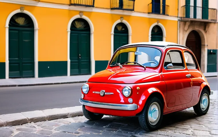 피아트 500e 전기차 리뷰 - **"Urban Chic & Classic Charm"**: A vibrant, sunny afternoon scene in a picturesque Spanish city, li...