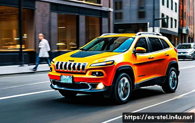 지프 체로키의 최신 안전 기술 - **Prompt 1: Urban Vigilance**
"A modern Jeep Cherokee navigating a bustling urban street during ...