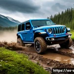 지프 랭글러 4xe 하이브리드의 주행 성능 - A rugged Jeep Wrangler 4xe driving through a challenging off-road environment featuring mud, rocks, ...