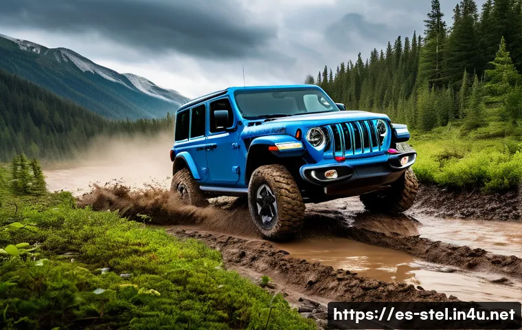 지프 랭글러 4xe 하이브리드의 주행 성능 - A rugged Jeep Wrangler 4xe driving through a challenging off-road environment featuring mud, rocks, ...