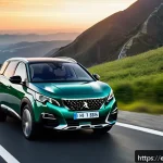 푸조 5008의 장거리 주행 성능 - A sleek Peugeot 5008 SUV driving smoothly along a winding mountain road at sunset, showcasing its ad...