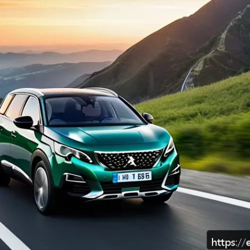 푸조 5008의 장거리 주행 성능 - A sleek Peugeot 5008 SUV driving smoothly along a winding mountain road at sunset, showcasing its ad...