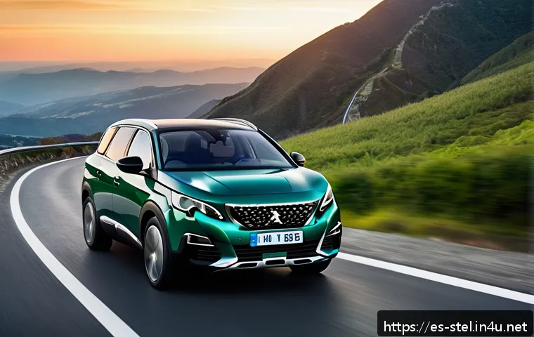 푸조 5008의 장거리 주행 성능 - A sleek Peugeot 5008 SUV driving smoothly along a winding mountain road at sunset, showcasing its ad...