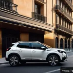 푸조 2008과 르노 캡처 비교 - A dynamic urban scene featuring a bold and modern Peugeot 2008 SUV parked on a busy Madrid street du...