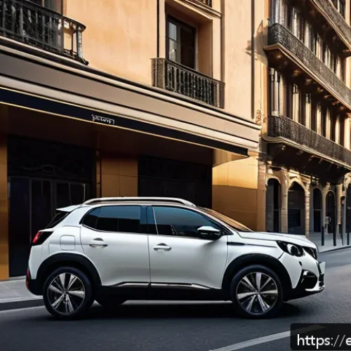 푸조 2008과 르노 캡처 비교 - A dynamic urban scene featuring a bold and modern Peugeot 2008 SUV parked on a busy Madrid street du...