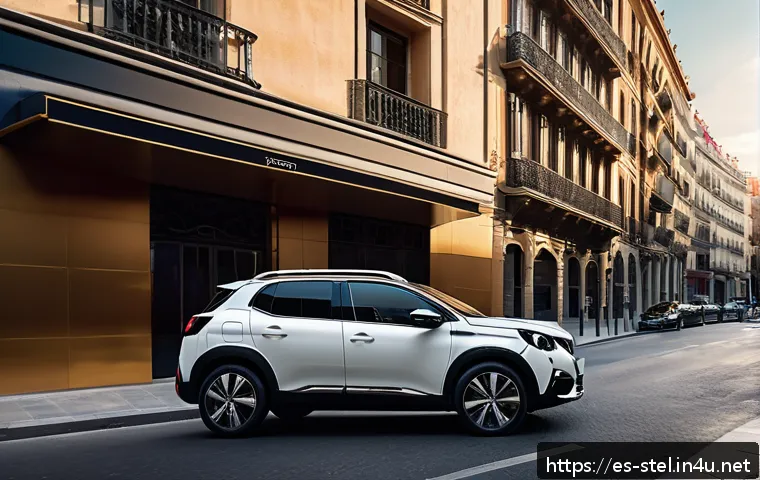 푸조 2008과 르노 캡처 비교 - A dynamic urban scene featuring a bold and modern Peugeot 2008 SUV parked on a busy Madrid street du...