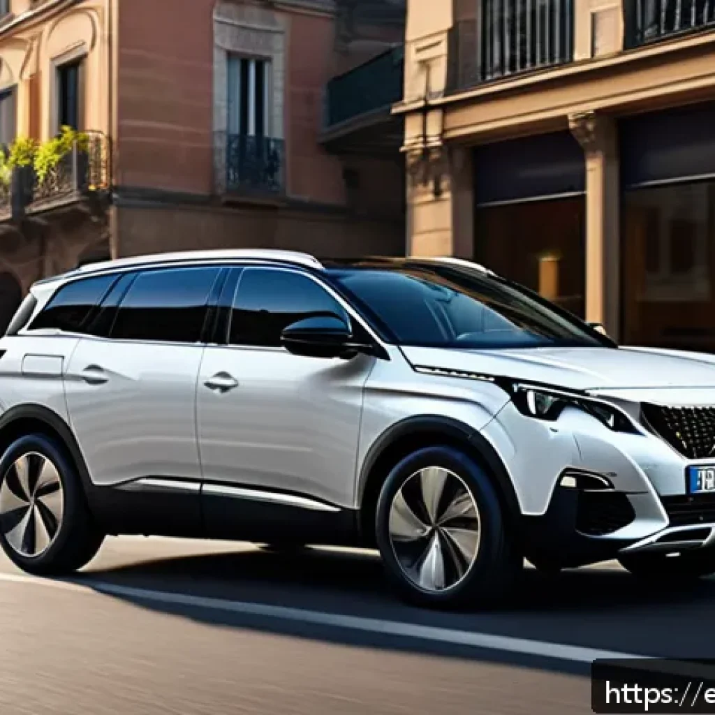 푸조 5008과 기아 쏘렌토 비교 - A sleek and elegant Peugeot 5008 SUV parked on a scenic urban street in Barcelona, showcasing its mo...