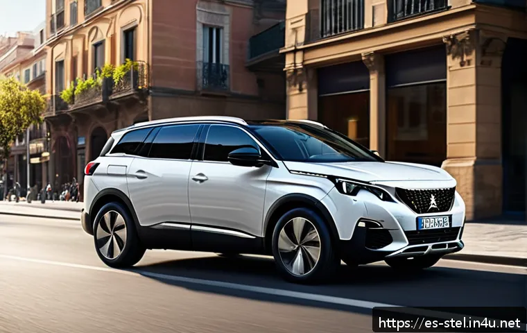 푸조 5008과 기아 쏘렌토 비교 - A sleek and elegant Peugeot 5008 SUV parked on a scenic urban street in Barcelona, showcasing its mo...