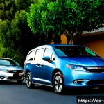 크라이슬러 퍼시피카 하이브리드와 혼다 오디세이 비교 - Photorealistic side-by-side comparison of a Chrysler Pacifica Hybrid and a Honda Odyssey parked in a...