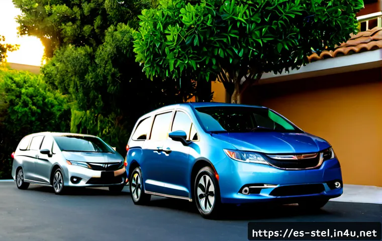 크라이슬러 퍼시피카 하이브리드와 혼다 오디세이 비교 - Photorealistic side-by-side comparison of a Chrysler Pacifica Hybrid and a Honda Odyssey parked in a...