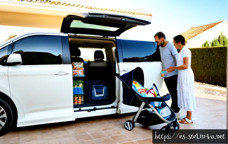 크라이슬러 퍼시피카의 가족용 차량 적합성 - Photorealistic modern family minivan with no visible badges or logos, parked beside a sunlit Spanish...